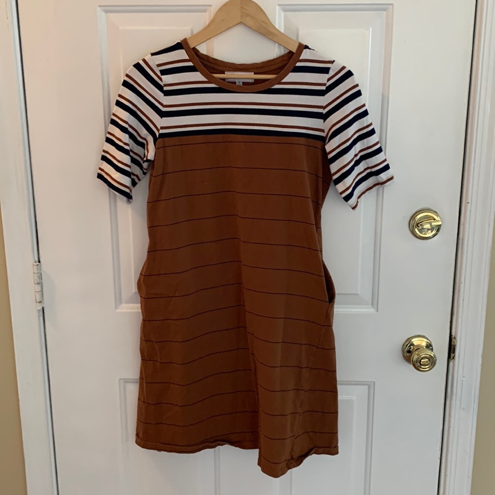 Brown, navy, and white striped dress 100% cotton